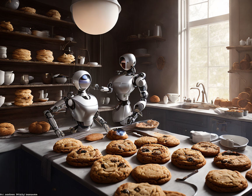 Humanoid robots in rustic kitchen with freshly baked cookies