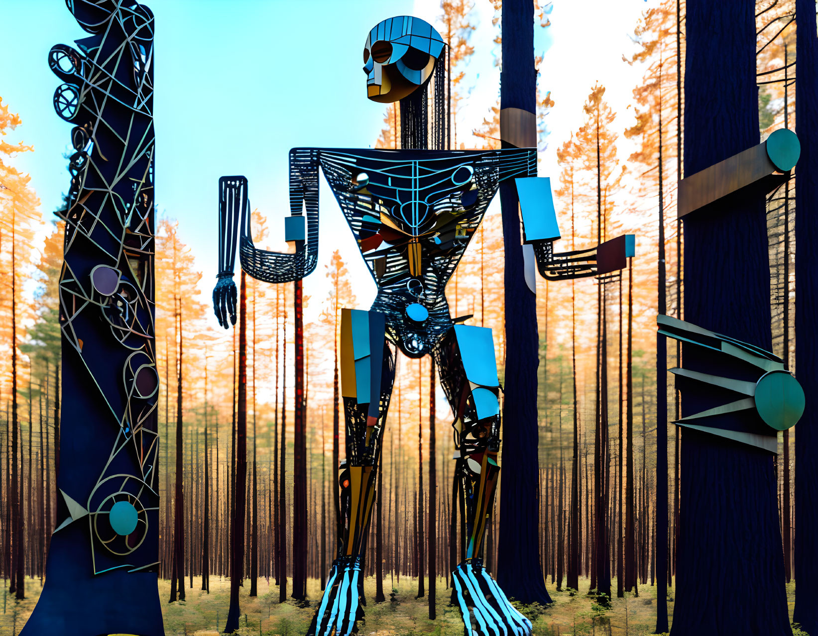 Intricate humanoid robot graphic in forest setting