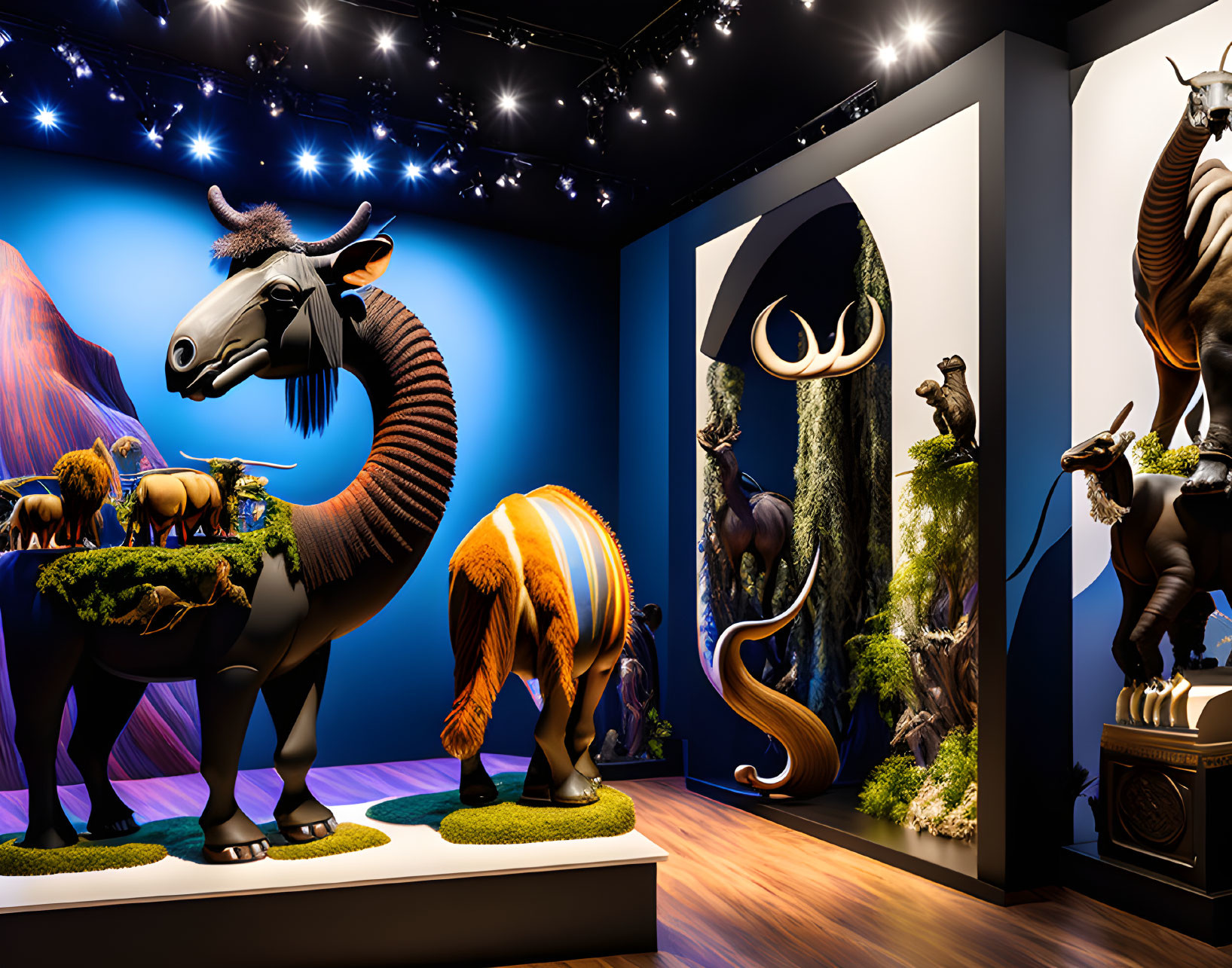 Hybrid Animal Sculptures Exhibition in Dimly Lit Room