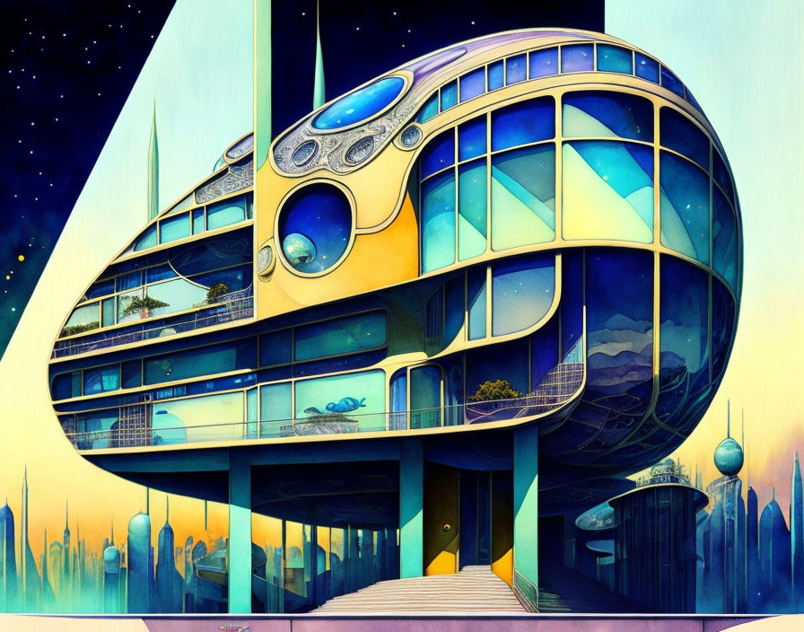 Futuristic multilevel building with large windows in retro design against twilight sky.