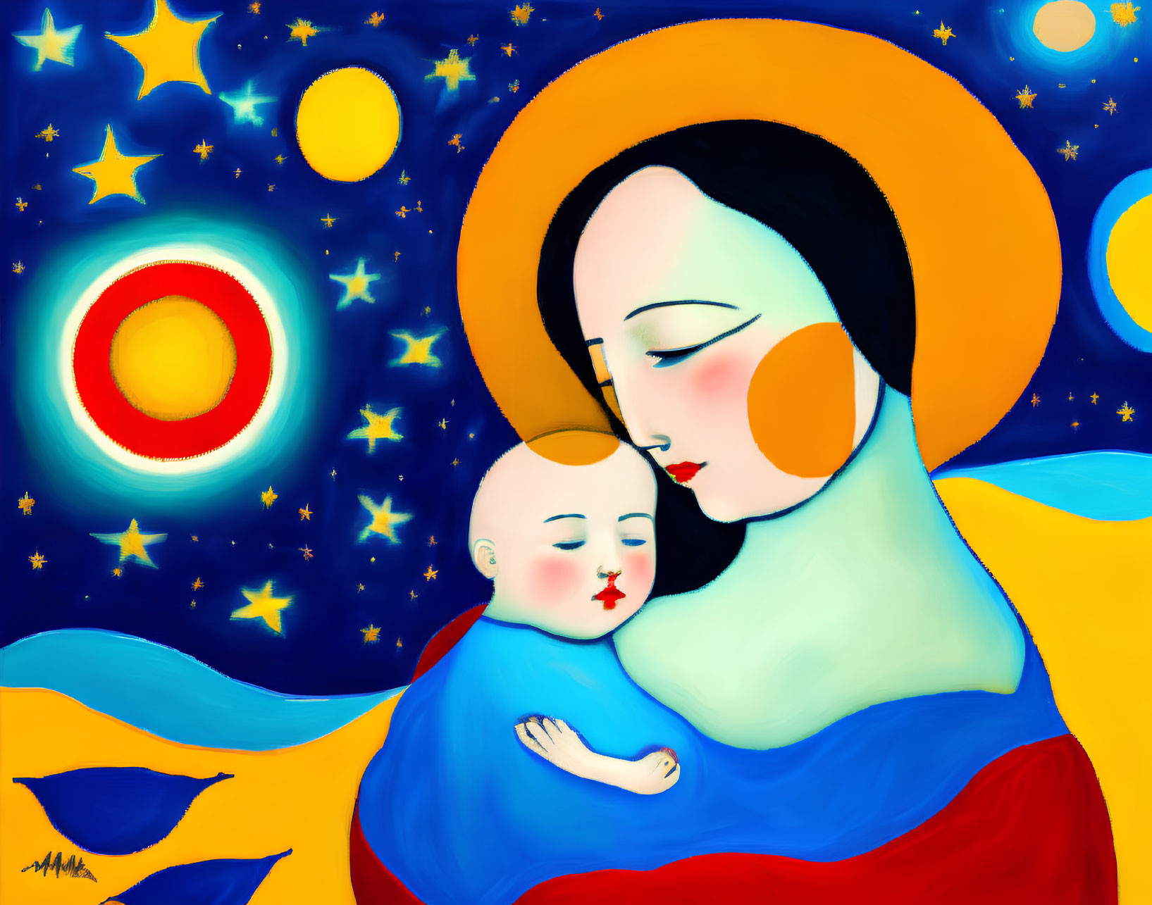 Religious iconography-inspired painting of woman and child with halos