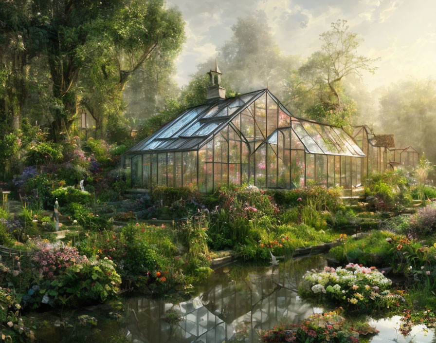 Tranquil greenhouse in lush garden with pond under soft sunlight