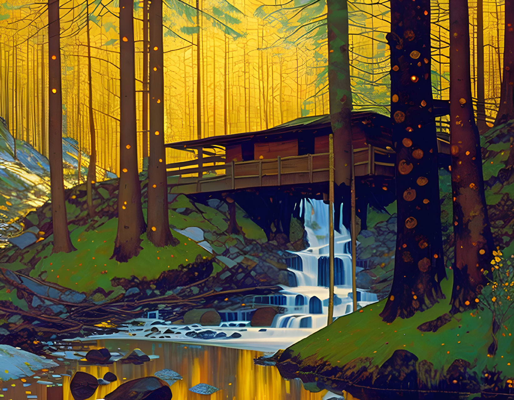 Tranquil illustration: wooden cabin above waterfall in autumn forest