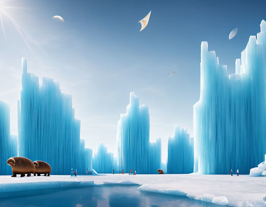 Icy Fantasy Landscape with Blue Ice Formations and Unique Characters