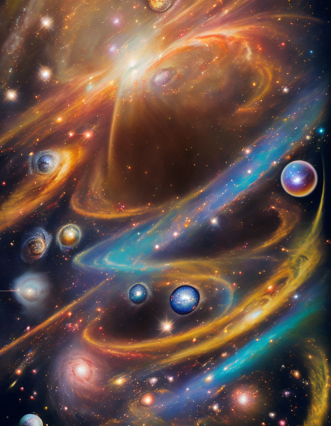 Colorful Cosmic Scene with Galaxies, Stars, and Planets