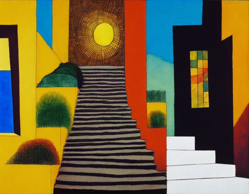 Abstract geometric painting with stairs, sun, colorful structures, and shrubbery.