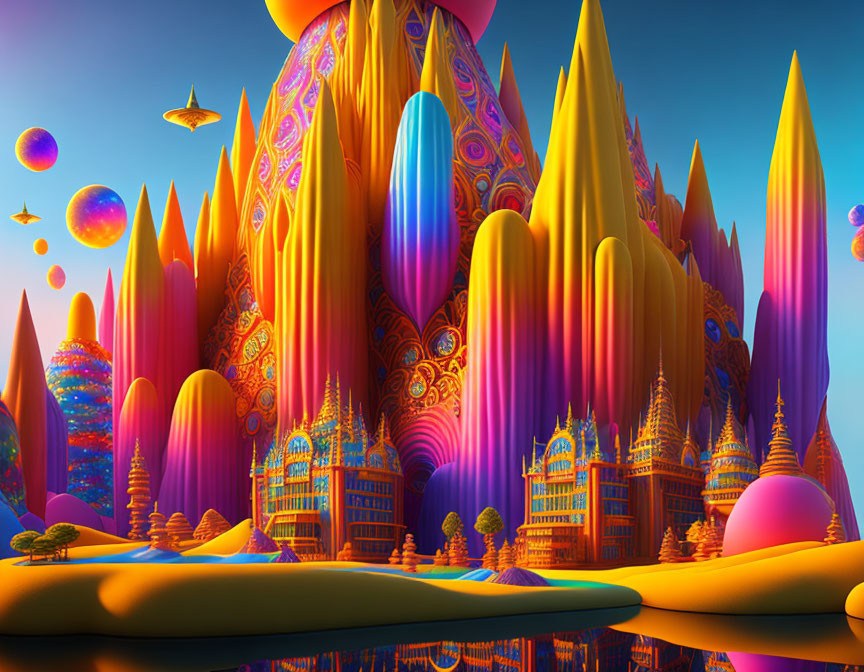 Fantastical digital artwork: Vibrant, alien mountains and surreal sky