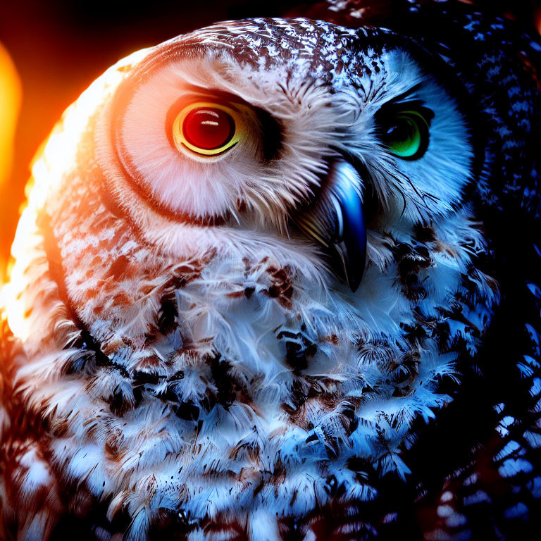 Detailed Close-Up of Owl's Face with Vibrant Yellow and Green Eyes