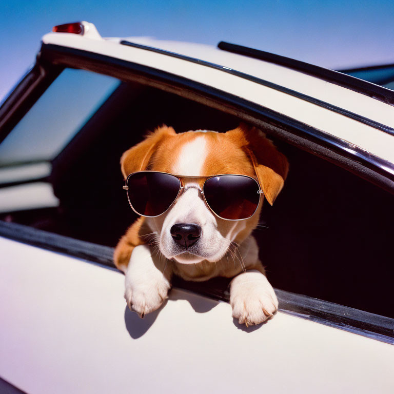 Dog wearing sunglasses in car window under blue sky