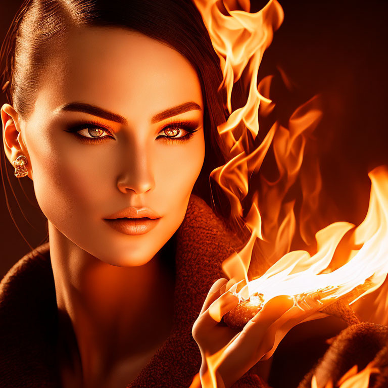 Woman with amber eyes holding flame surrounded by fire - mystique and power