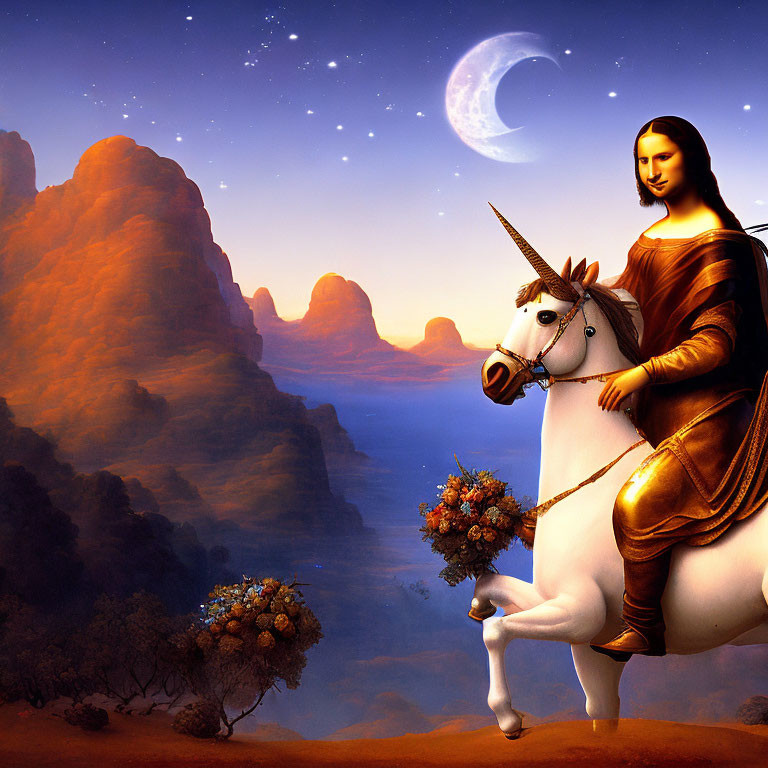 Person on White Unicorn in Twilight Landscape with Moon