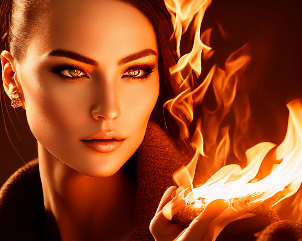 Woman with amber eyes holding flame surrounded by fire - mystique and power