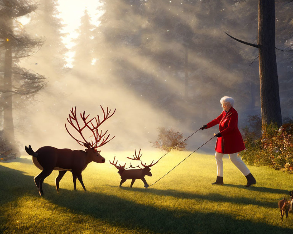 Elderly woman walks deer and fawn in misty forest clearing