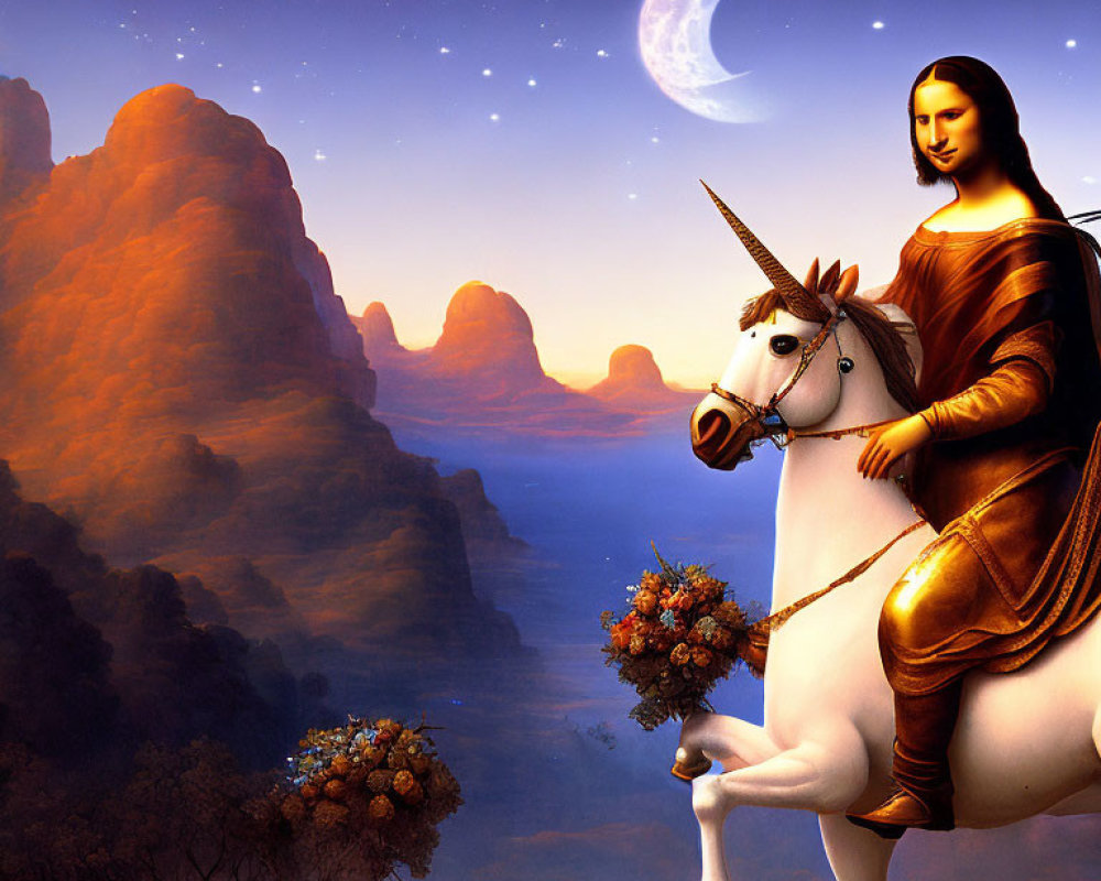 Person on White Unicorn in Twilight Landscape with Moon