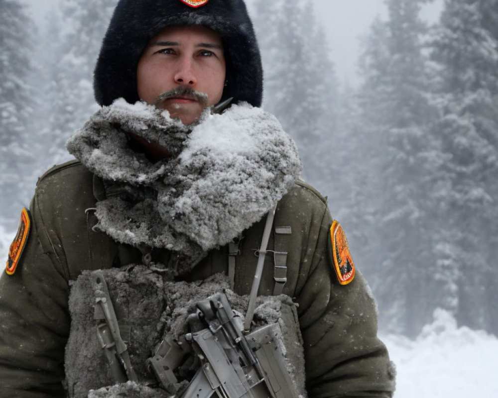 Military person in frost-covered attire with rifle, snowy landscape.