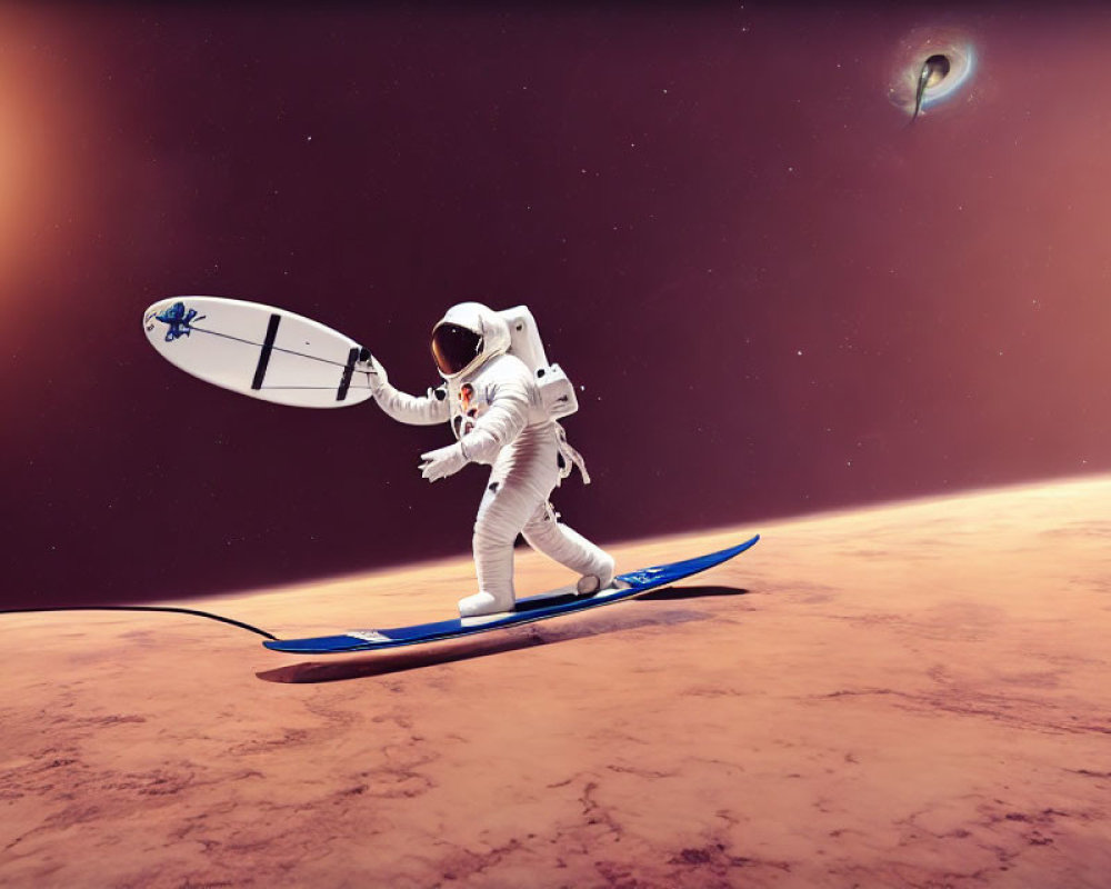 Astronaut surfing on stylized wave above Mars-like planet with galaxy in background