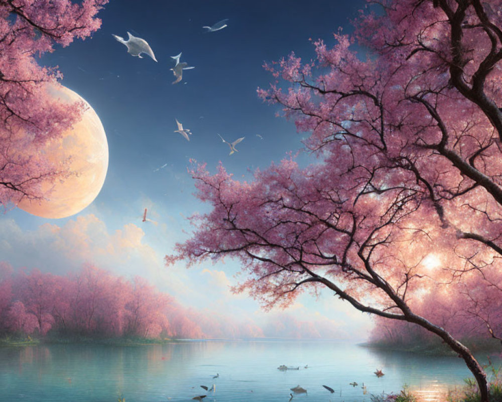 Tranquil landscape with cherry blossoms, moon, birds, and river at twilight