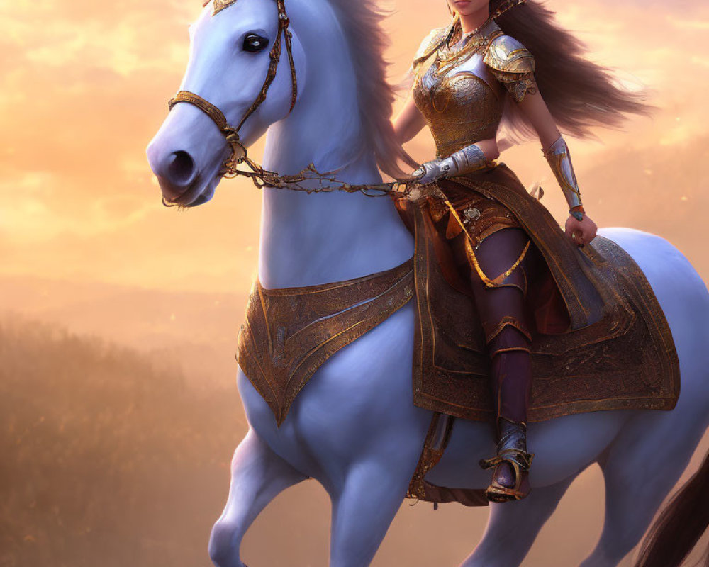 Warrior woman in golden armor on white horse at sunset