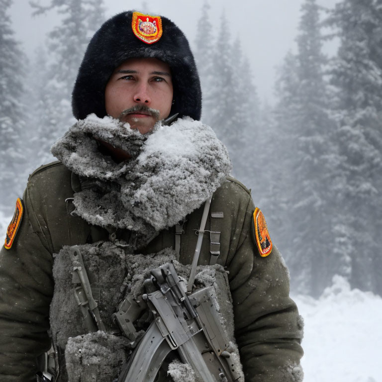 Military person in frost-covered attire with rifle, snowy landscape.