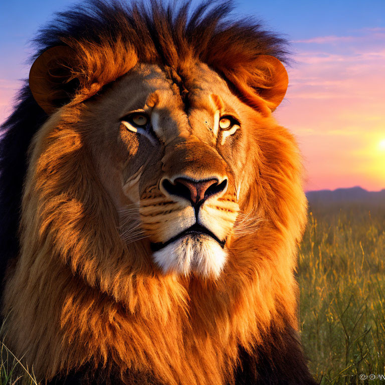 Majestic lion with thick mane in savannah sunrise portrait