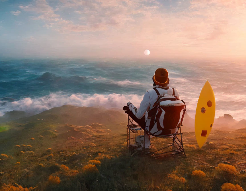 Person in White Spacesuit on Director's Chair by Sunset Coast with Surfboard, Sea of Clouds