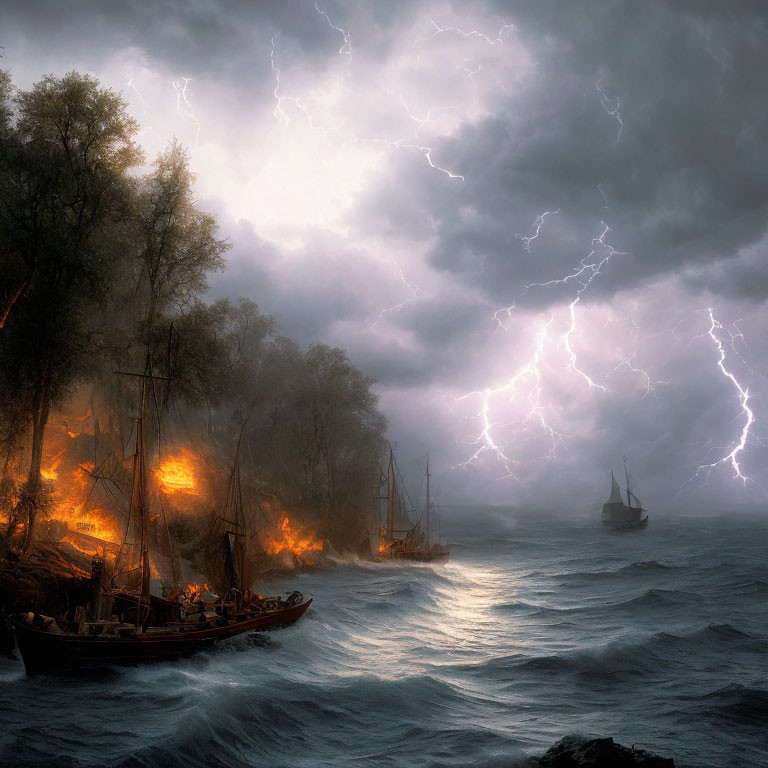 Stormy seascape with burning forest and lightning strikes