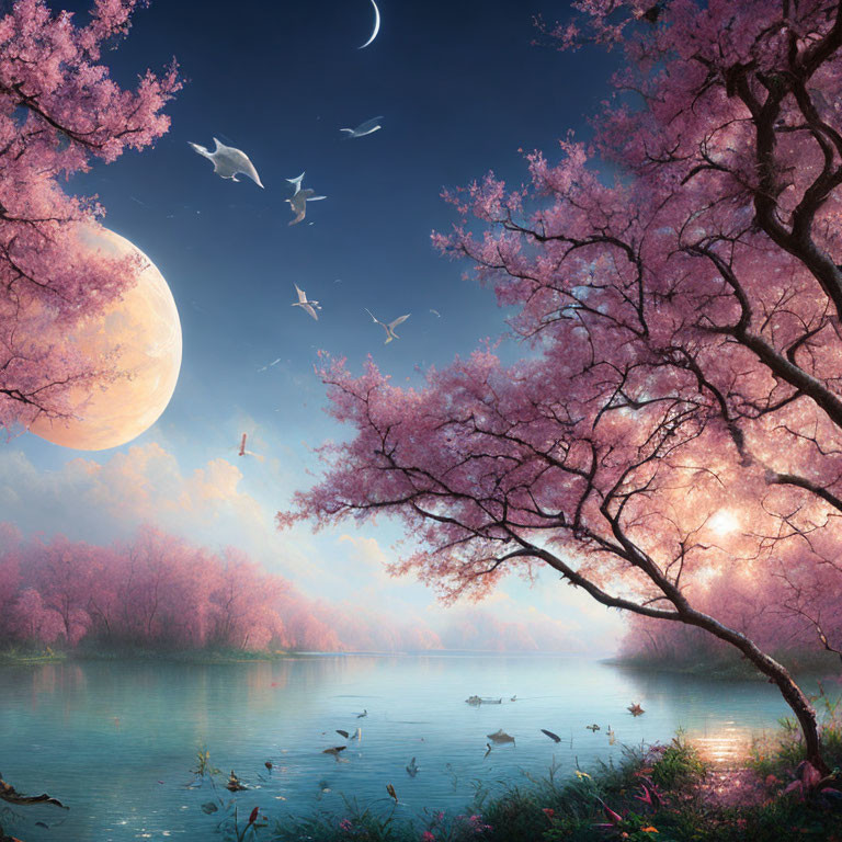 Tranquil landscape with cherry blossoms, moon, birds, and river at twilight