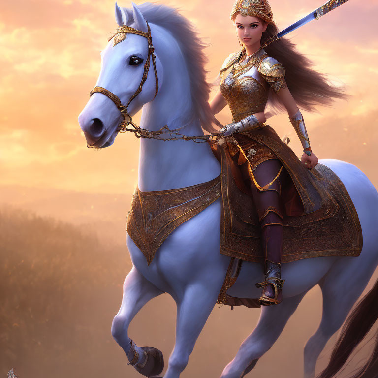 Warrior woman in golden armor on white horse at sunset