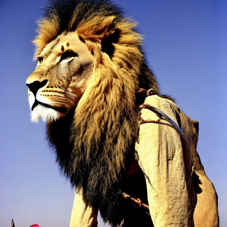 Hybrid Lion-Human Creature with Cloth on Back Against Blue Sky