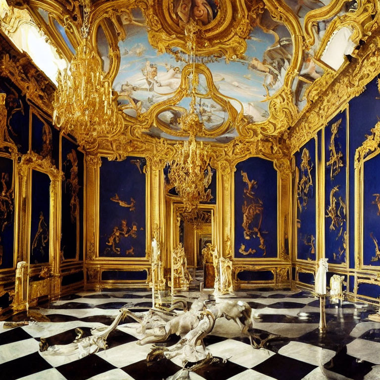 Luxurious Blue and Gold Room with Checkerboard Floor and Chandelier