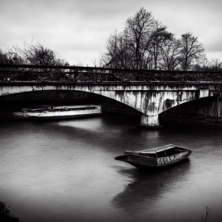 Serene river scene with old bridge, abandoned boats, and barren trees