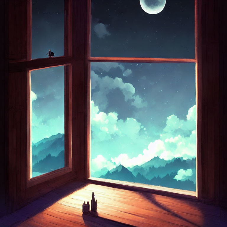 Full Moon Night Scene with Window View and Mountain Range