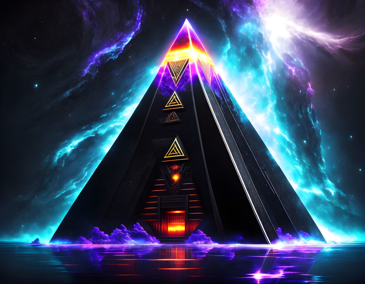 Illuminated futuristic pyramid with neon accents on cosmic background