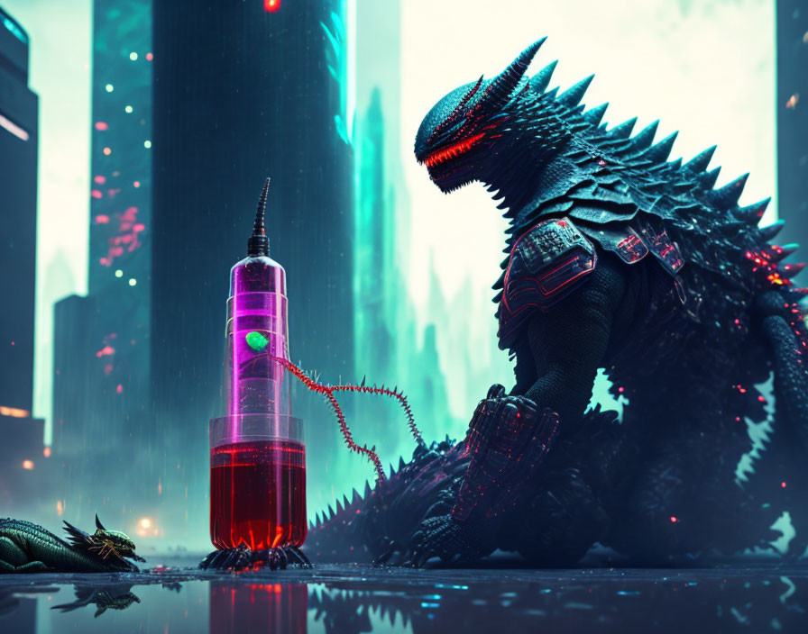 Gigantic armored dinosaur with tech upgrades in futuristic cityscape