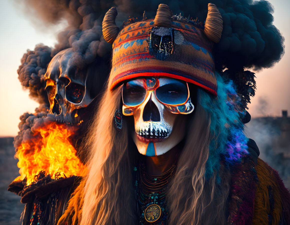 Person in Tribal Makeup with Skull Mask and Horns by Fire