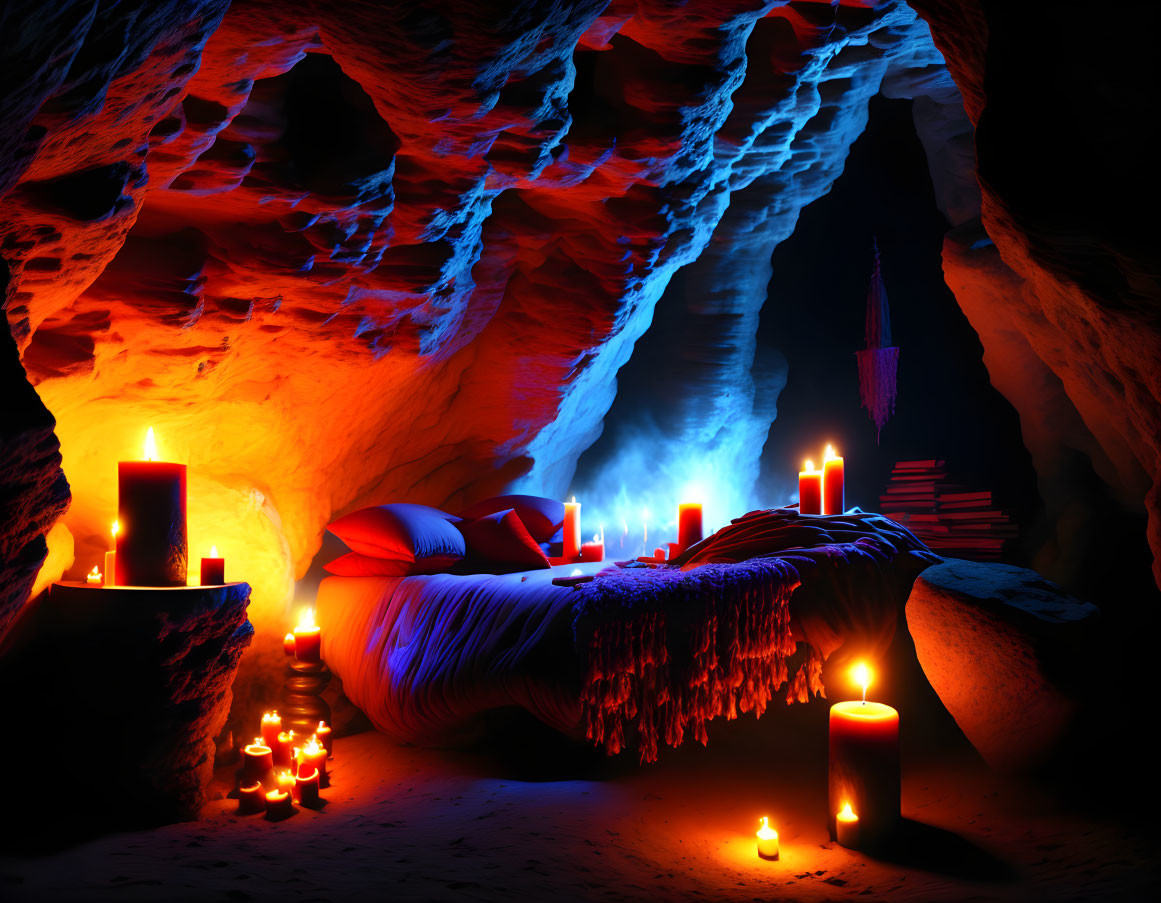 Mystical Cave Bedroom with Cozy Bed and Glowing Blue Light