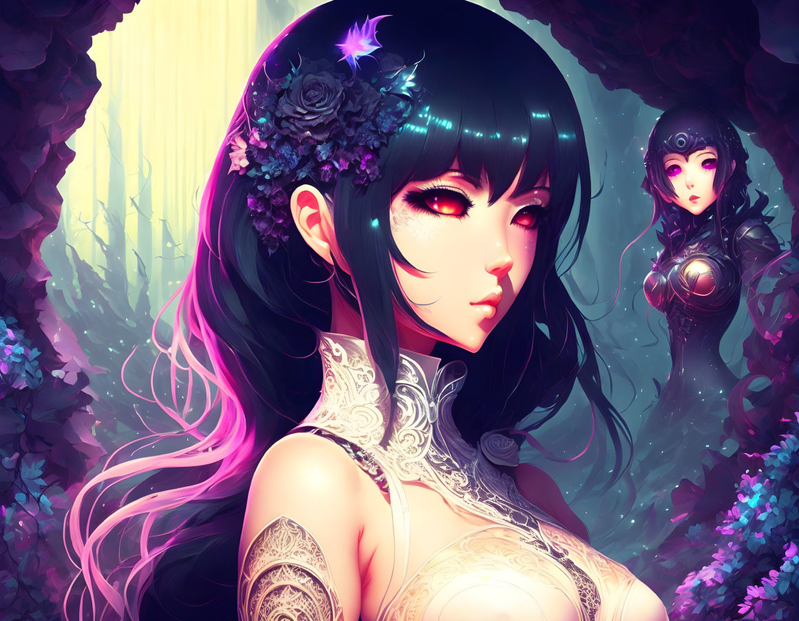 Illustration of woman with black hair, floral adornments, tattoos, and fantasy background with another character