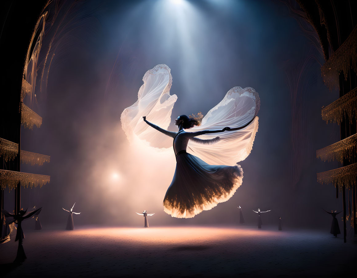 Ballerina twirling on stage in spotlight with billowing skirt