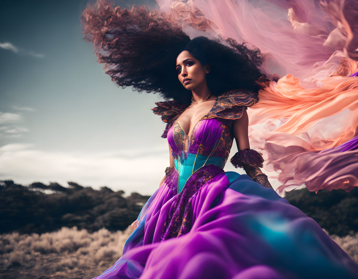 Woman in Vibrant Purple and Orange Gown in Natural Landscape