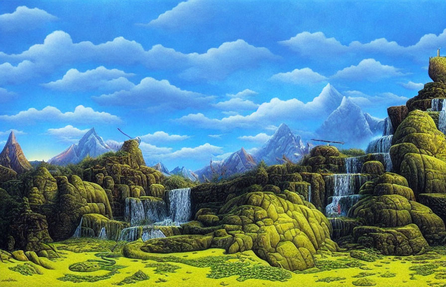 Scenic landscape painting: cascading waterfalls, mossy rocks, mountain peaks, green valley.