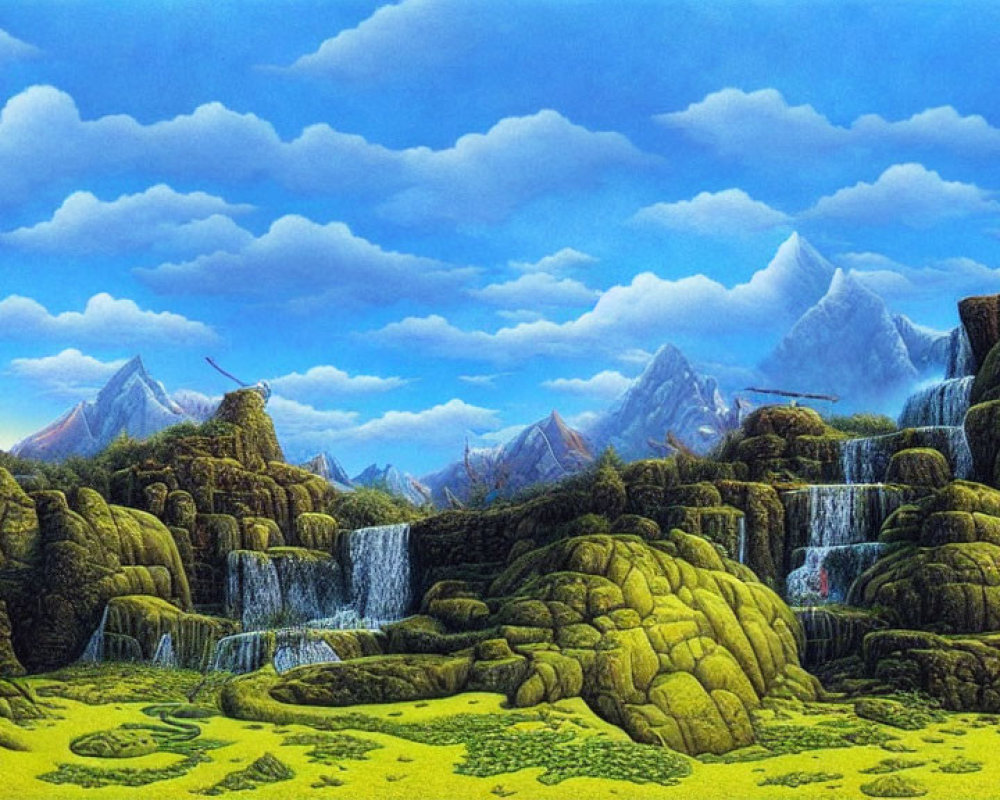 Scenic landscape painting: cascading waterfalls, mossy rocks, mountain peaks, green valley.