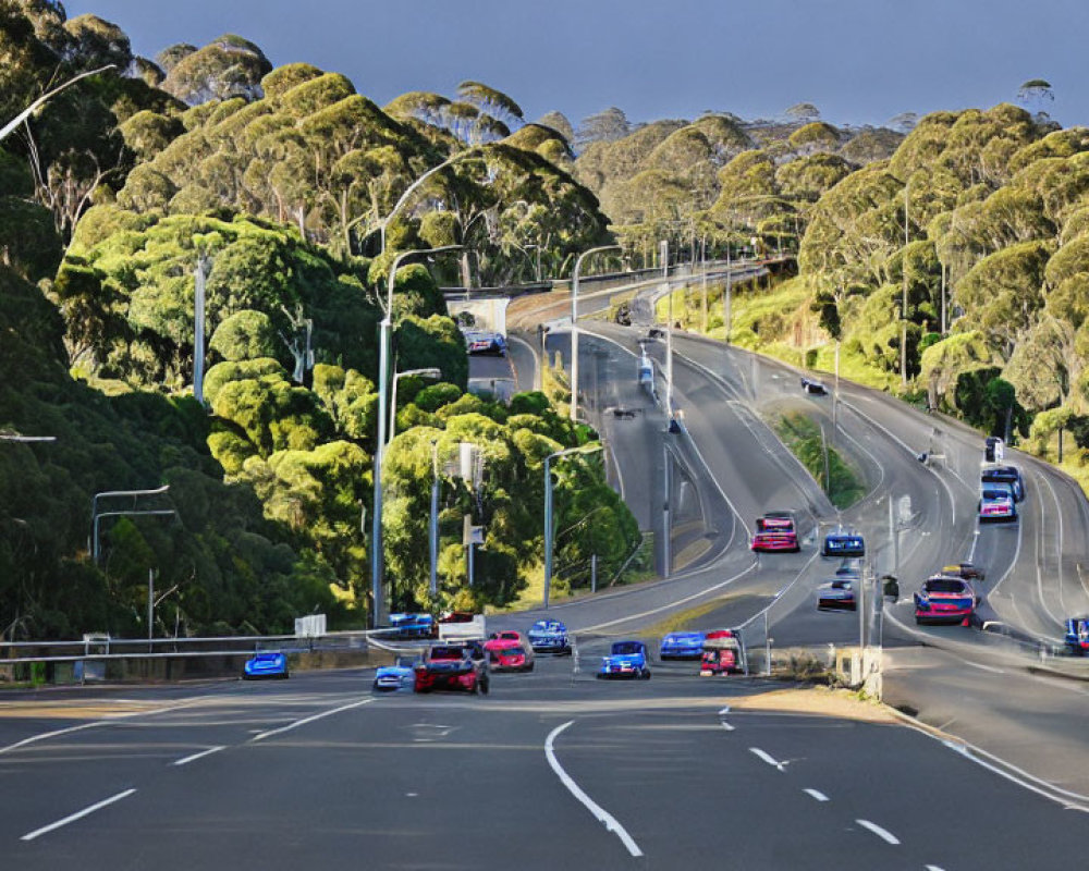 Curved Road with Vehicles and Green Trees on Cloudy Day