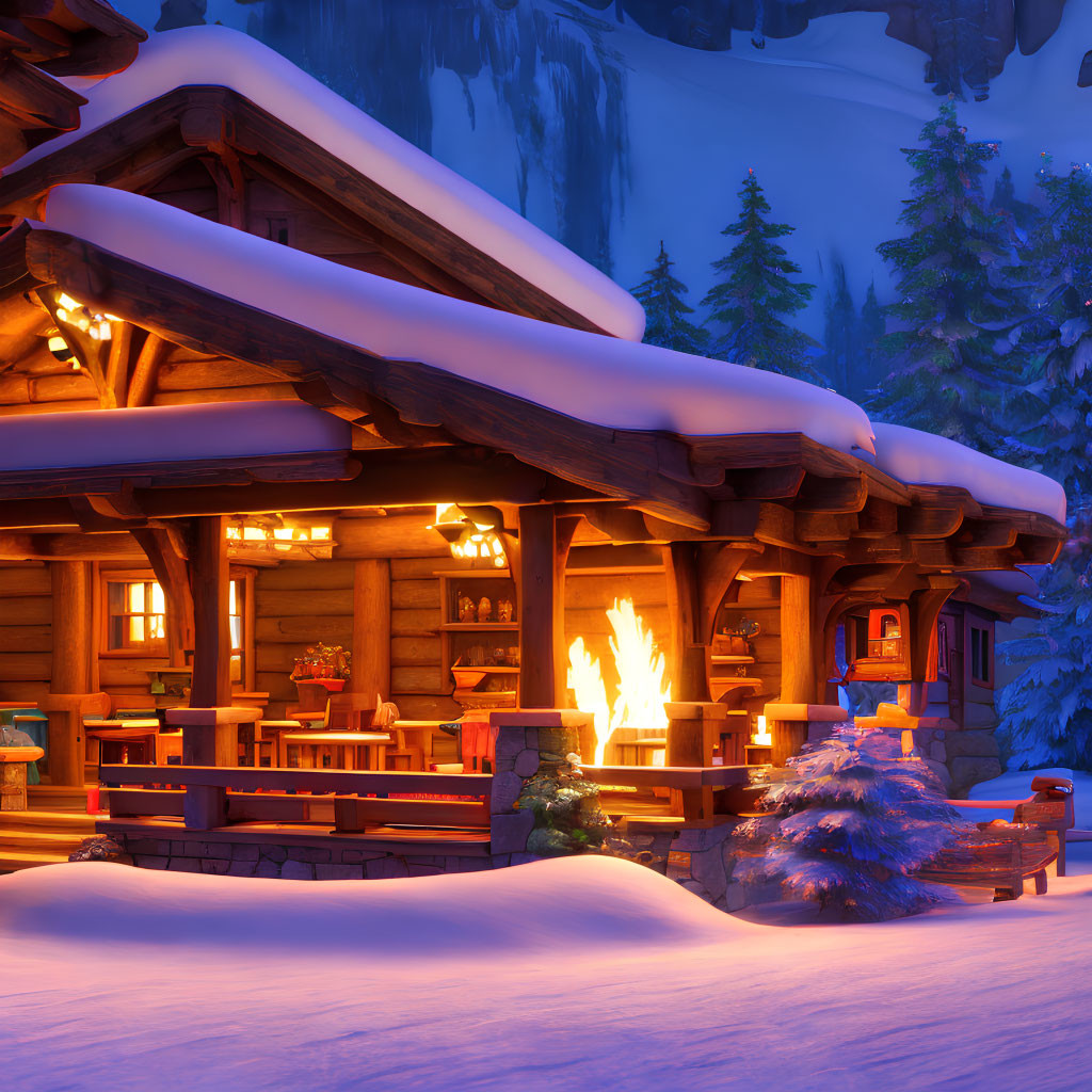 Snow-covered cabin with warm lighting and outdoor fire in winter landscape