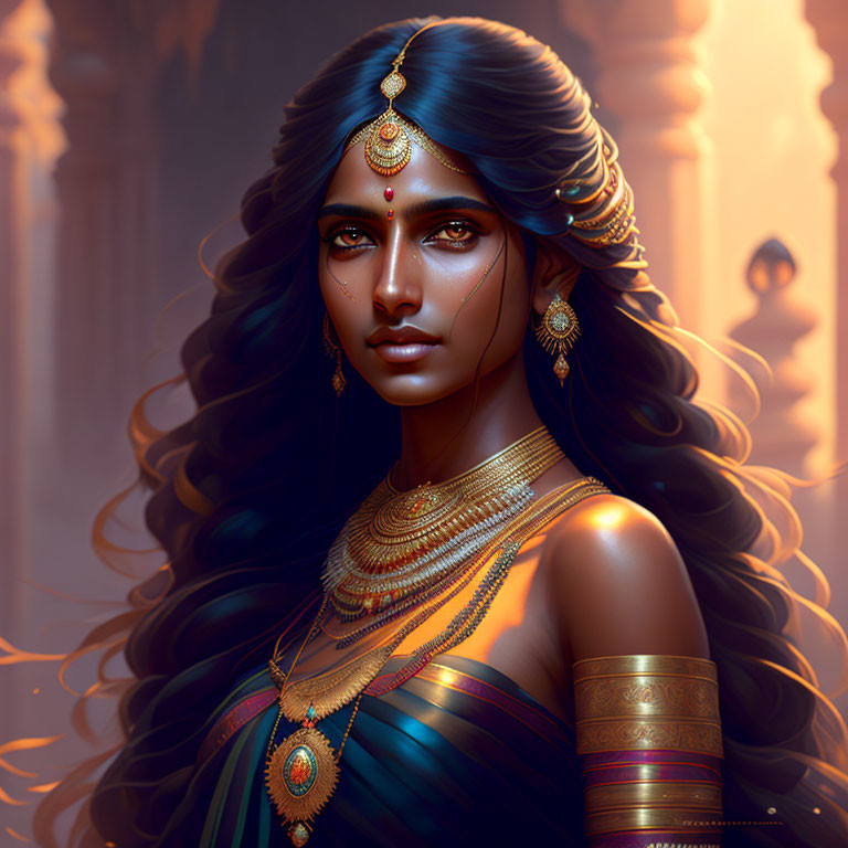 Detailed Digital Art Portrait of Woman in Indian-Inspired Jewelry