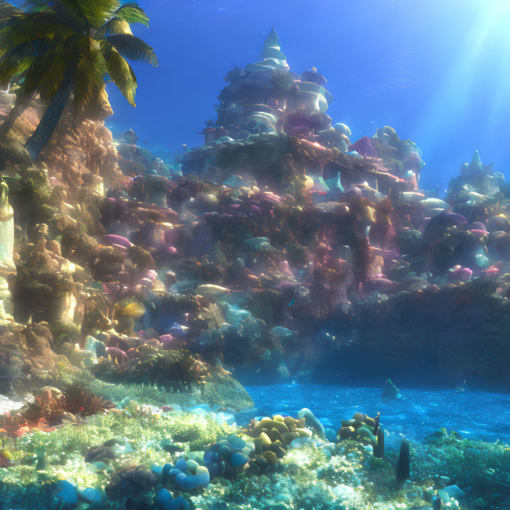 Vibrant coral reefs and marine life in mystical underwater scene