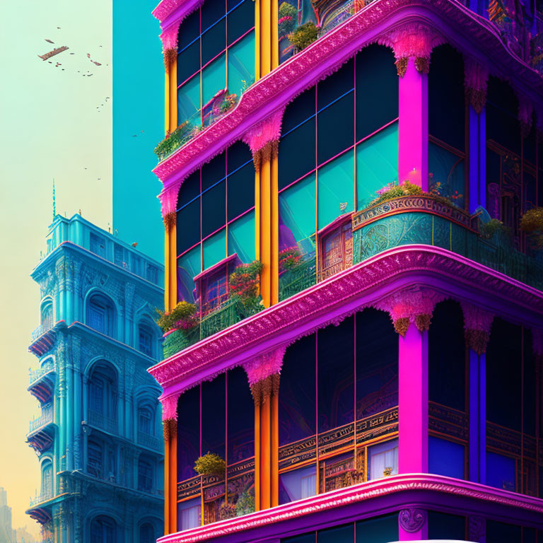 Colorful futuristic buildings with ornate architecture and greenery-filled balconies against a teal sky