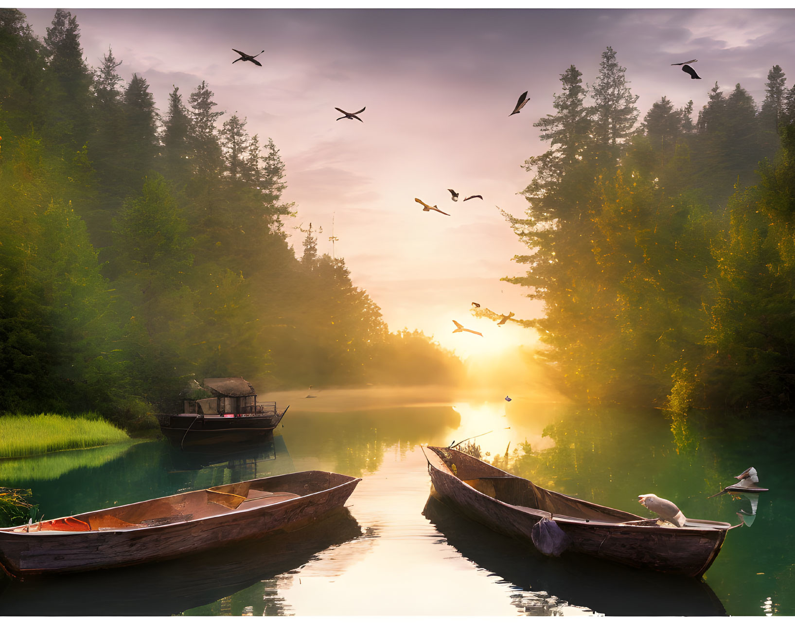 Tranquil sunrise scene: lake, golden light, lush trees, birds, boats, figure.