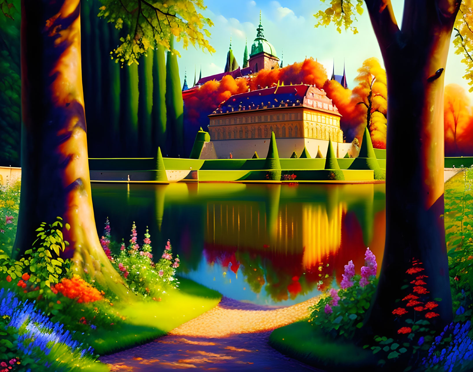 Vibrant castle with cone-shaped roofs by tranquil lake and colorful flowers.