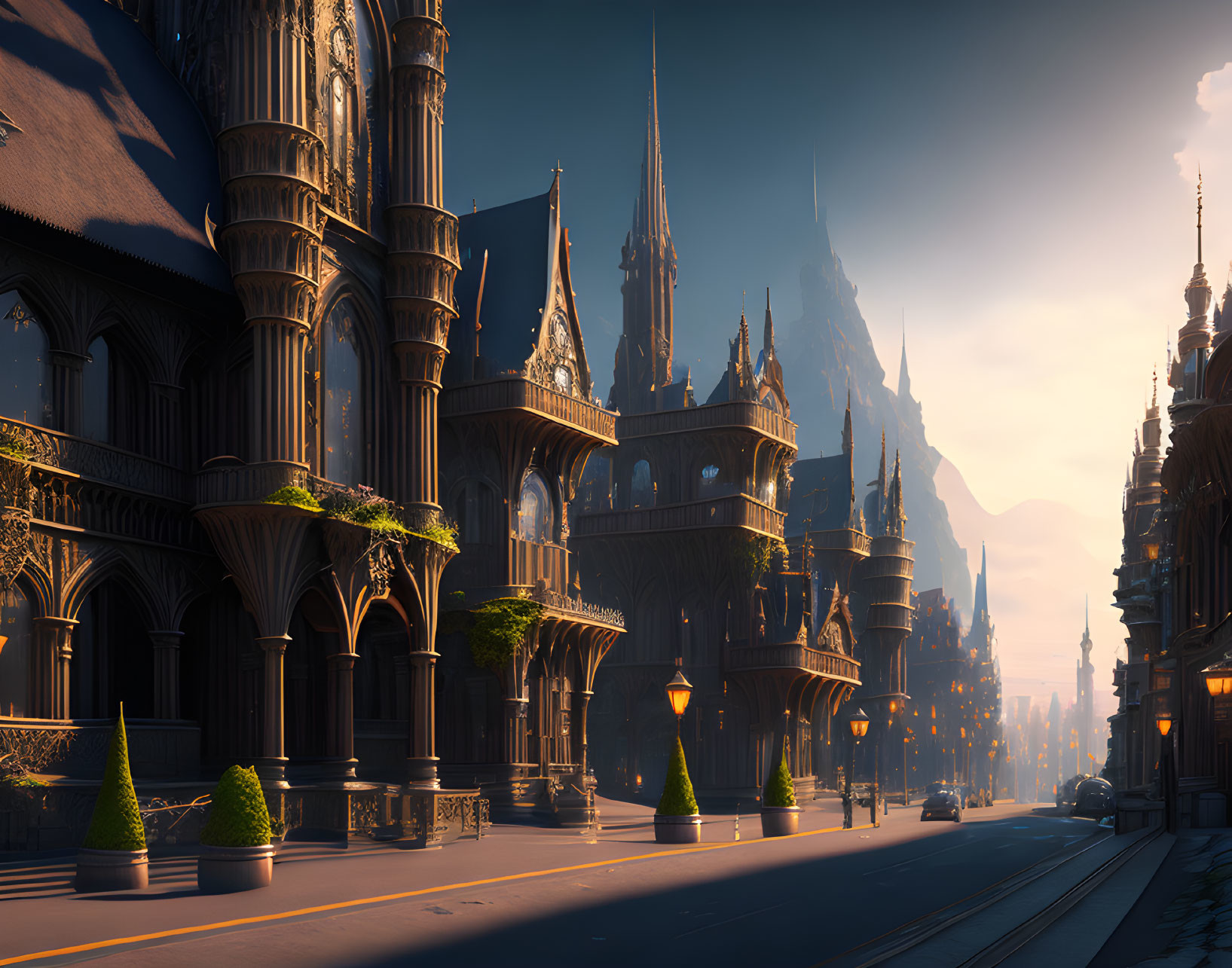 Sunlit Gothic-style street with mountains in distance