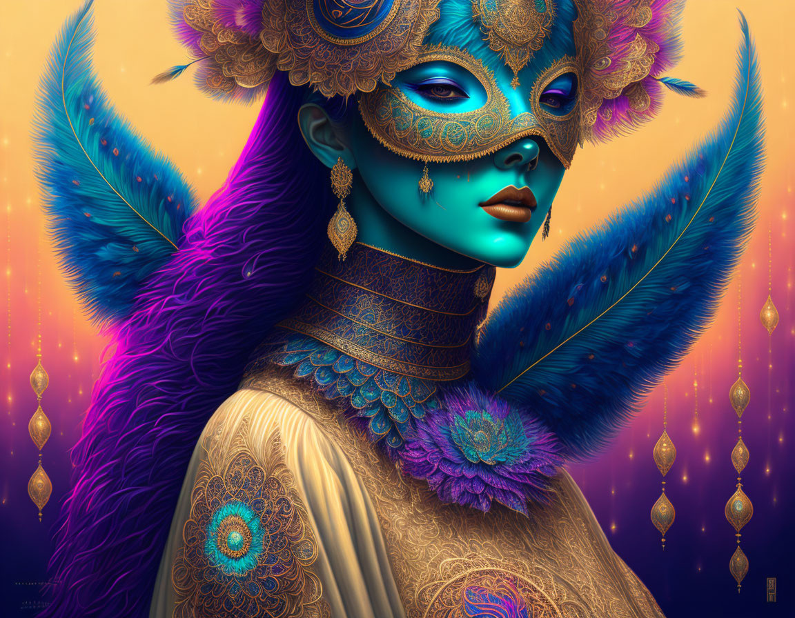 Colorful digital artwork of woman with blue skin and ornate mask and jewelry